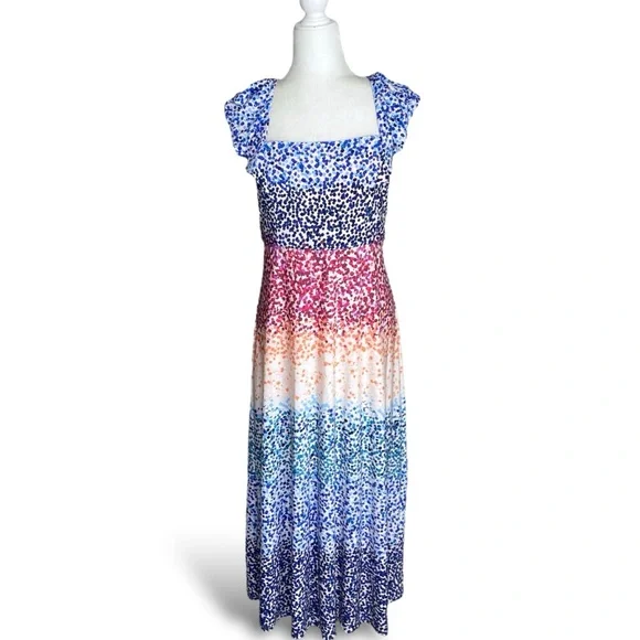 JULIA JORDAN Ruffle Flutter Sleeve Tie Back Confetti Dot Midi Long Dress Sz 10 - Picture 3 of 9